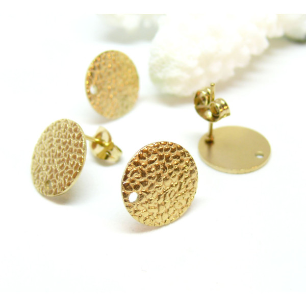 Boucles d'oreilles, Puces Travaillées 10mm avec trou et embouts poussoirs, Acier Inoxydable 304 finition DORE, Placage IONIQUE