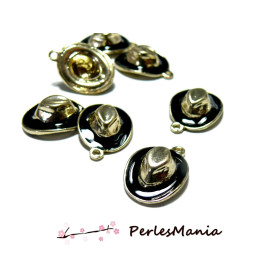Pendentifs, résine émaillés, Chapeau 3D Cow boy, métal finition NOIR