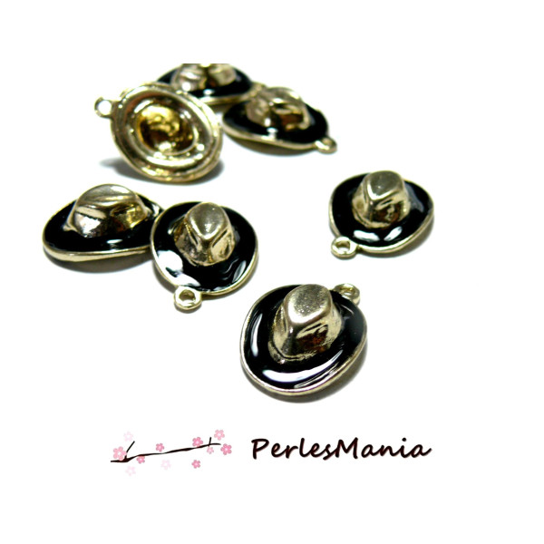 Pendentifs, résine émaillés, Chapeau 3D Cow boy, métal finition NOIR