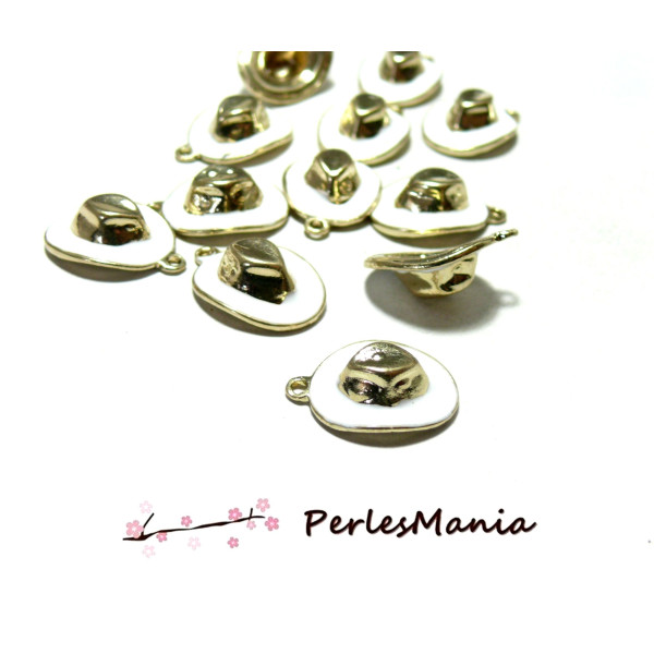 Pendentifs, résine émaillés, Chapeau 3D Cow boy, métal finition Blanc