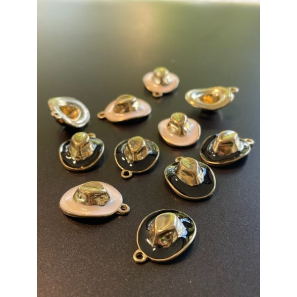 Pendentifs, résine émaillés, Chapeau 3D Cow boy, métal finition Blanc