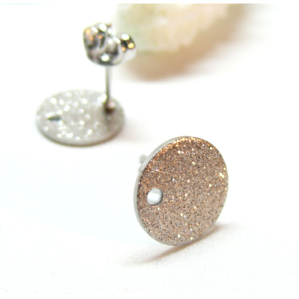 Boucles d'oreilles, Puces Granitées 10mm avec trou et embouts poussoirs, Acier Inoxydable 304, finition ARGENT