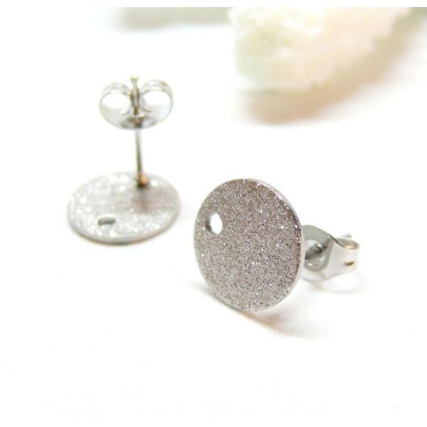 Boucles d'oreilles, Puces Granitées 10mm avec trou et embouts poussoirs, Acier Inoxydable 304, finition ARGENT