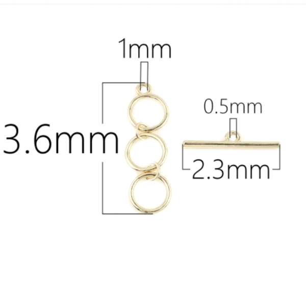 Sets fermoir T TOGGLE Triple Anneaux 36mm, Métal finition Doré