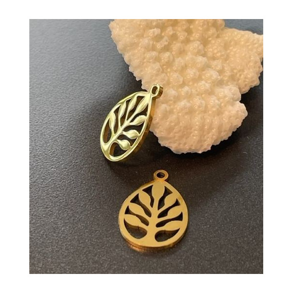 Pendentifs Arbre dans Goutte 17mm, Acier Inoxydable 316L, Doré à l'or fin 18K, placage IONIQUE