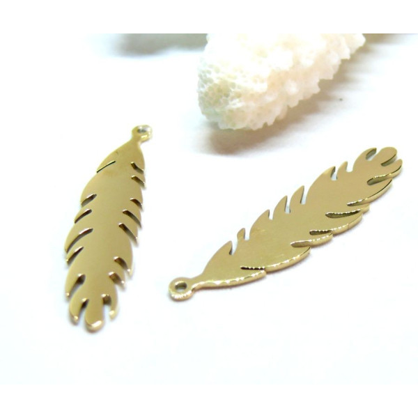 Pendentif Plume 35mm, Acier Inoxydable 316L, Doré à l'or fin 18K, placage IONIQUE