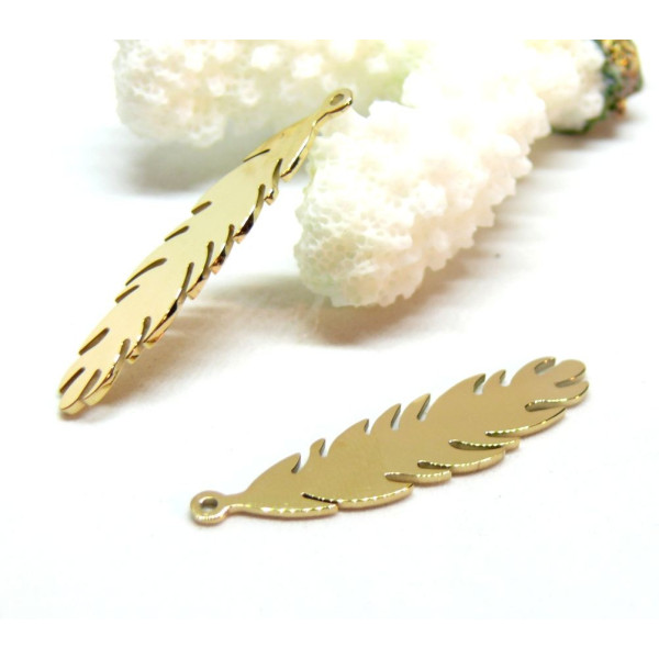 H11H16308G – Lot de 1 Pendentif Plume 35mm – Acier Inoxydable 316L Doré à l'or fin 18K placage ionique