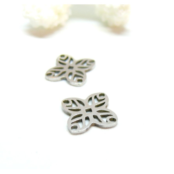 Pendentifs, Connecteur Fleur 14 mm, Acier Inoxydable finition Argenté