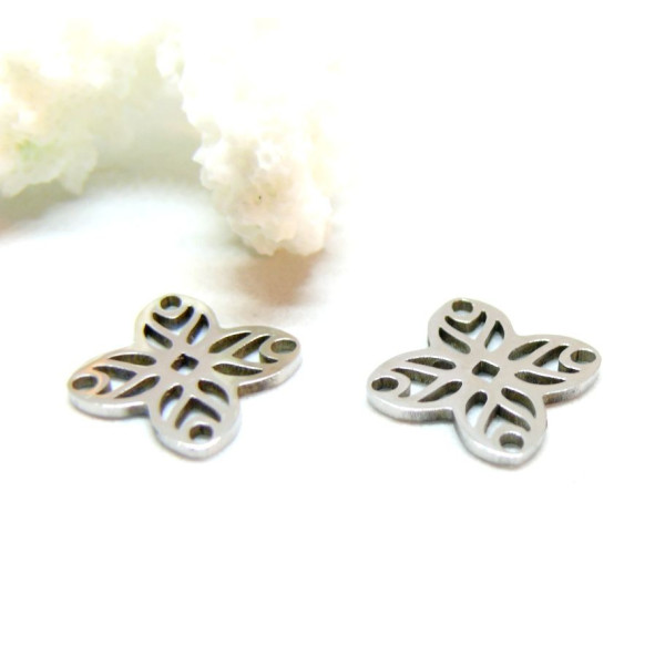 Pendentifs, Connecteur Fleur 14 mm, Acier Inoxydable finition Argenté