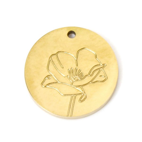 Pendentifs Médaillon avec Fleurs 13mm, Acier Inoxydable 304 finition Doré, PVD