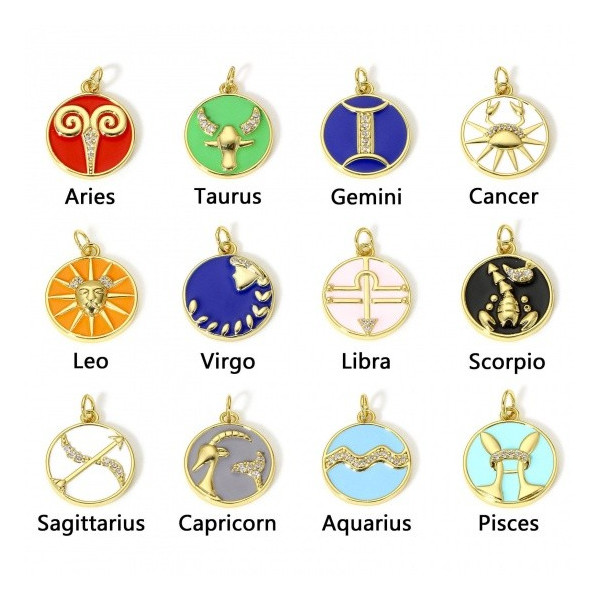 Pendentif avec anneau 22mm, signe Astrologique Gémeaux, Laiton avec résine émaillé, finition Doré à l'or fin 18K avec Zirconium