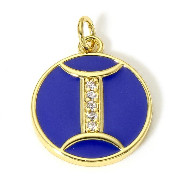 Pendentif avec anneau 22mm, signe Astrologique Gémeaux, Laiton avec résine émaillé, finition Doré à l'or fin 18K avec Zirconium