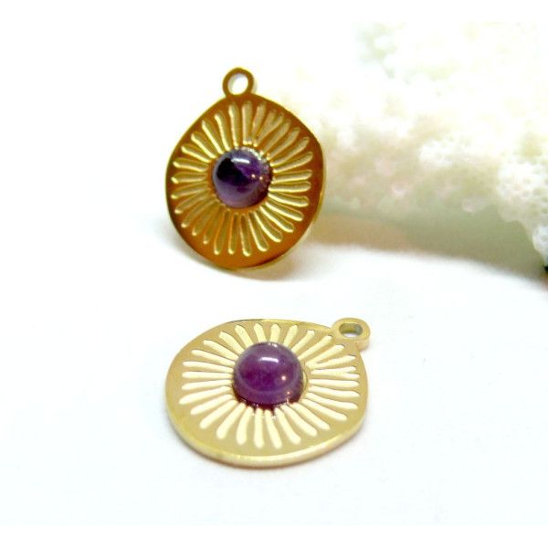 Pendentif avec Améthyste, Acier Inoxydable, finition Doré à l'or fin 18K, Placage PVD