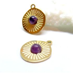 Pendentif avec Améthyste, Acier Inoxydable, finition Doré à l'or fin 18K, Placage PVD