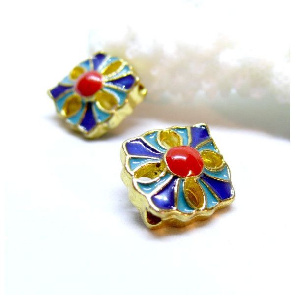 Perles intercalaire Cloisonné, résine style émaillés 16mm, sur une base en métal Doré