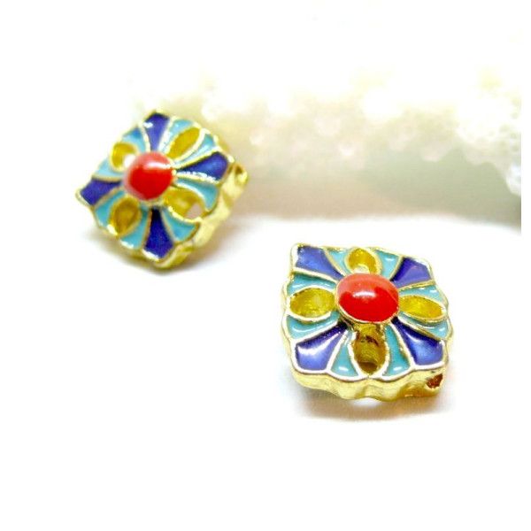 Perles intercalaire Cloisonné, résine style émaillés 16mm, sur une base en métal Doré