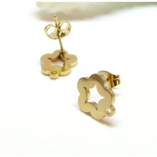 Boucles d’oreilles Puces Fleur 11mm avec attache et embouts – Acier Inoxydable 304 Doré Ionique