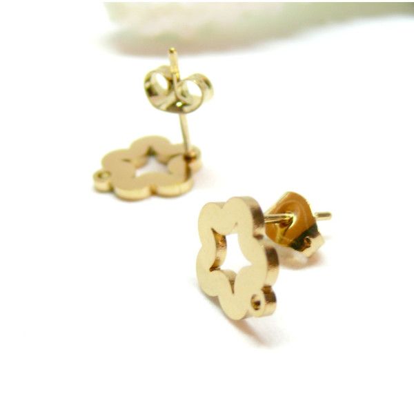 Boucles d’oreilles Puces Fleur 11mm avec attache et embouts – Acier Inoxydable 304 Doré Ionique