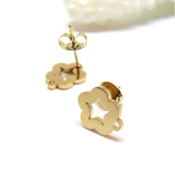 Boucles d’oreilles Puces Fleur 11mm avec attache et embouts – Acier Inoxydable 304 Doré Ionique