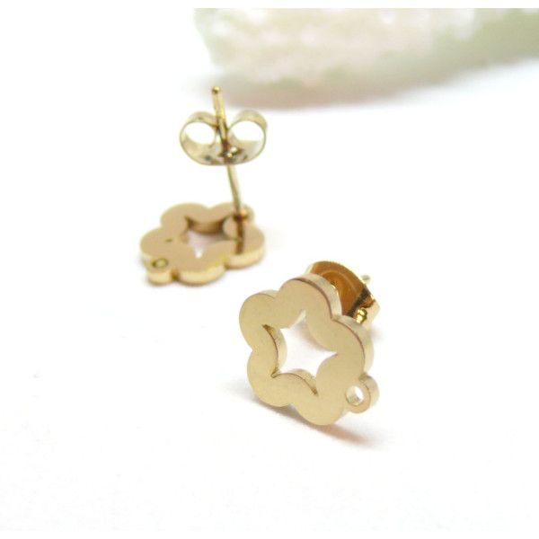 Boucles d’oreilles Puces Fleur 11mm avec attache et embouts – Acier Inoxydable 304 Doré Ionique