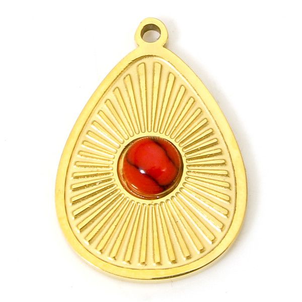 Pendentif Médaillon Goutte avec perle Howlite 18 par 13mm, Acier Inoxydable 304 finition Doré, PVD