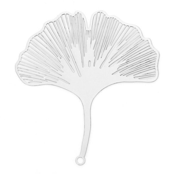 Estampe, pendentif filigrane Feuille de Ginkgo  74mm, métal finition Argenté