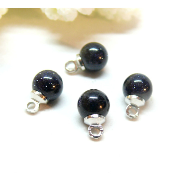 Pendentifs Rond 6 mm Pierre de sable bleu,  Blue sand stone métal finition Argenté