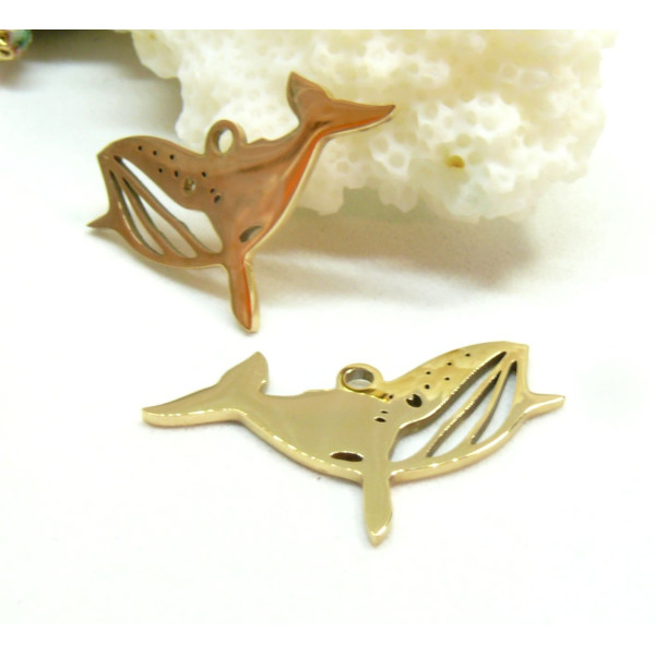 Pendentifs, Baleine 24mm, Acier Inoxydable, Doré à l'or fin 18K
