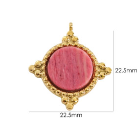 Pendentif Boho Chic, trou transversale , Rhodonite 22mm, Acier Inoxydable 304 finition Doré, PVD