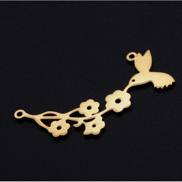 Pendentifs, Connecteur Oiseau Colibri avec Fleurs 40mm, Acier Inoxydable 304 finition Doré