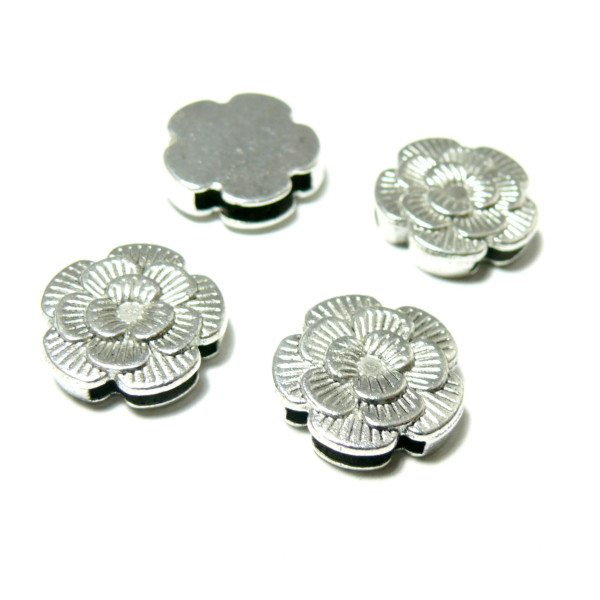 Magnifiques slides ,passants triple,  fleur camélia laiton Argent Antique