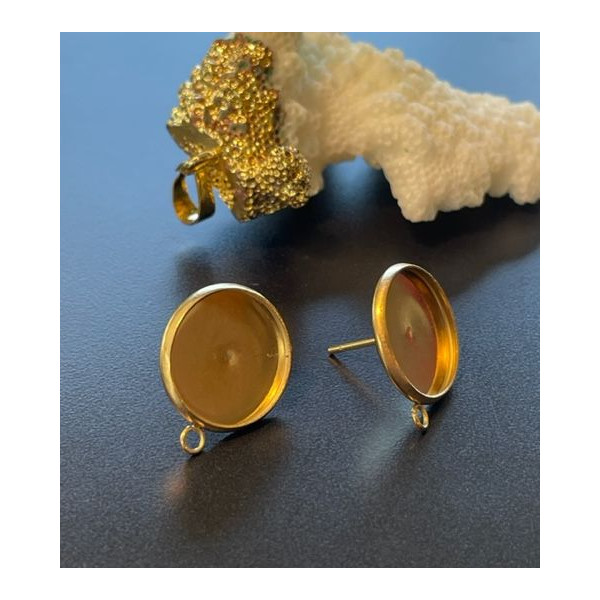 Supports Boucles d' oreille, Puce avec attache pour cabochon 14mm, Acier Inoxydable finition Doré, placage IONIQUE