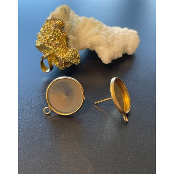 Supports Boucles d' oreille, Puce avec attache pour cabochon 14mm, Acier Inoxydable finition Doré, placage IONIQUE