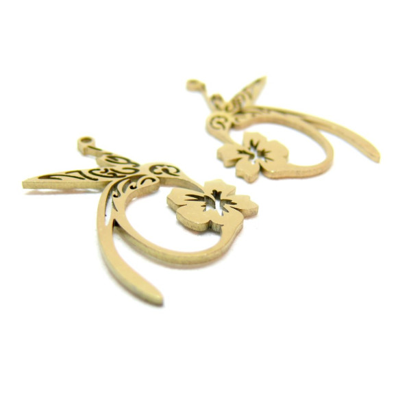 Pendentif Colibri et Fleur 28 par 18mm, Acier Inoxydable 304 finition Doré, PVD