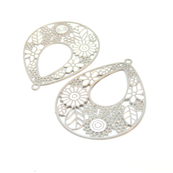 Estampes, pendentifs filigrane, Goutte ciselée avec fleurs 38mm, Acier Inoxydable 304, finition Argent