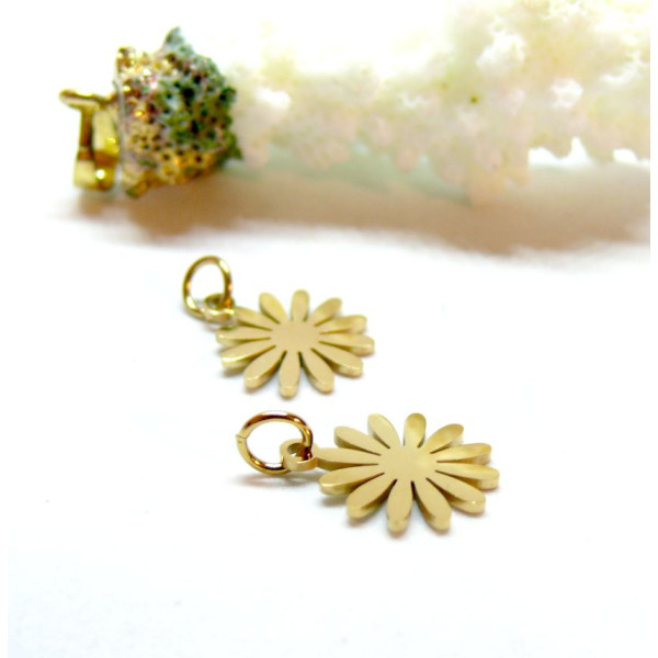 Pendentifs avec anneau ,  Fleur 12mm,  Acier Inoxydable 304 Doré