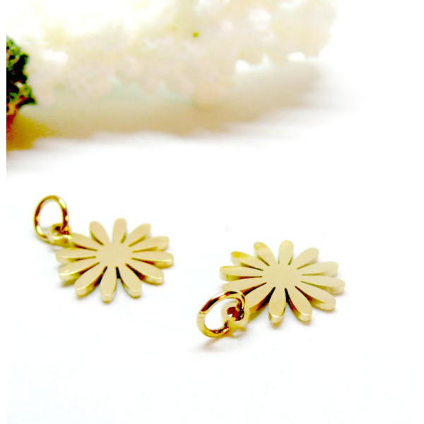 Pendentifs avec anneau ,  Fleur 12mm,  Acier Inoxydable 304 Doré