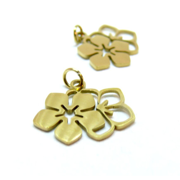 Pendentifs avec anneau , Double Fleur 19mm,  Acier Inoxydable 304 Doré