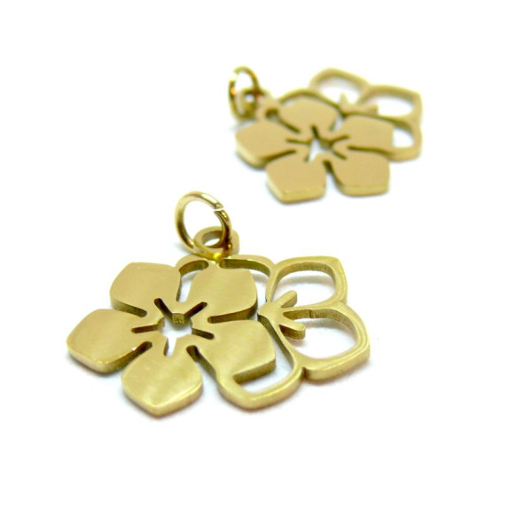 Pendentifs avec anneau , Double Fleur 19mm,  Acier Inoxydable 304 Doré