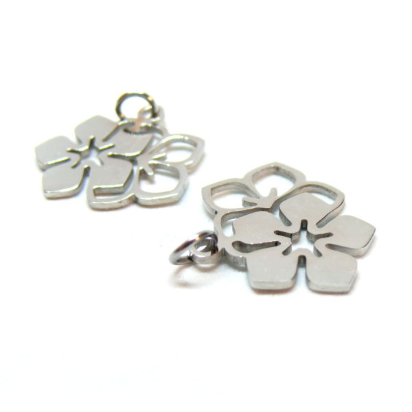 Pendentifs avec anneau , Double Fleur 19mm,  Acier Inoxydable 304 Argenté