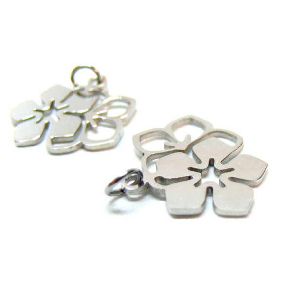 Pendentifs avec anneau , Double Fleur 19mm,  Acier Inoxydable 304 Argenté