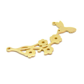 Pendentif, Connecteur Oiseau Colibri avec Fleurs 40mm en Acier Inoxydable 304 finition Doré