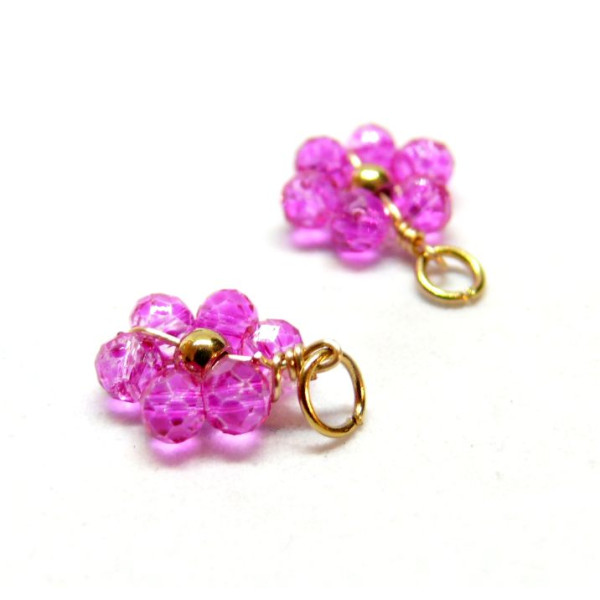 Pendentifs forme Fleur avec perles en verre Rose,  Acier Inoxydable 304 finition Doré