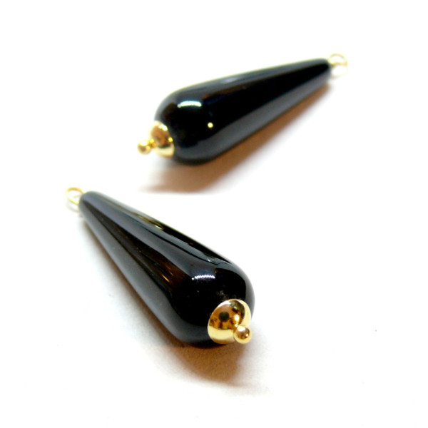 Pendentif Perle Goutte  30mm, Agate noire,  Acier Inoxydable 304 Doré à l'or fin 18K