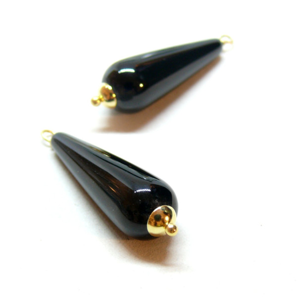 Pendentif Perle Goutte  30mm, Agate noire,  Acier Inoxydable 304, Doré à l'or fin 18K