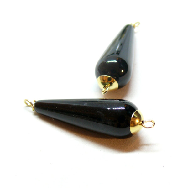 Connecteur Perle Goutte  30mm, Agate noire,  Acier Inoxydable 304, Doré à l'or fin 18K