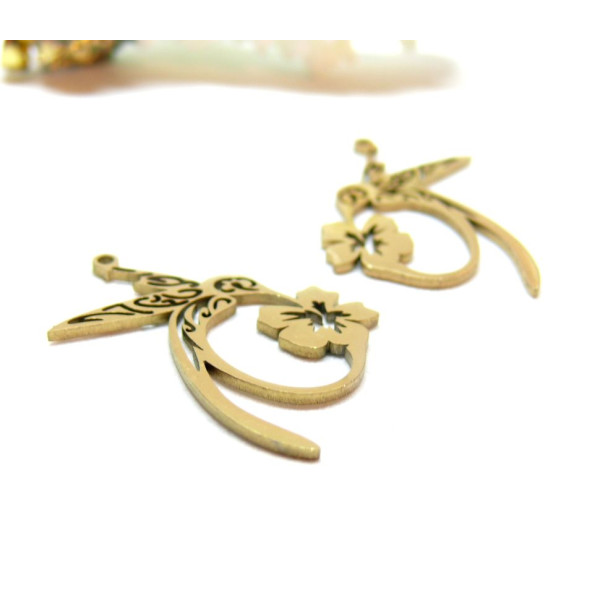 Pendentifs Colibri et Fleur 28 par 18mm, Acier Inoxydable 304 finition Doré