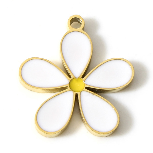 Pendentif Fleur 14mm, résine émaillée Blanc, Acier Inoxydable finition Doré  à l'or fin 18K, PVD