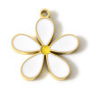 Pendentif Fleur 14mm, résine émaillée Blanc, Acier Inoxydable finition Doré  à l'or fin 18K, PVD
