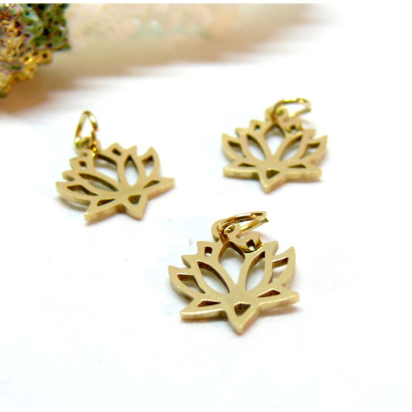 Pendentifs avec anneau, Fleurs de Lotus 12 par 15mm, Acier Inoxydable 304 finition Doré